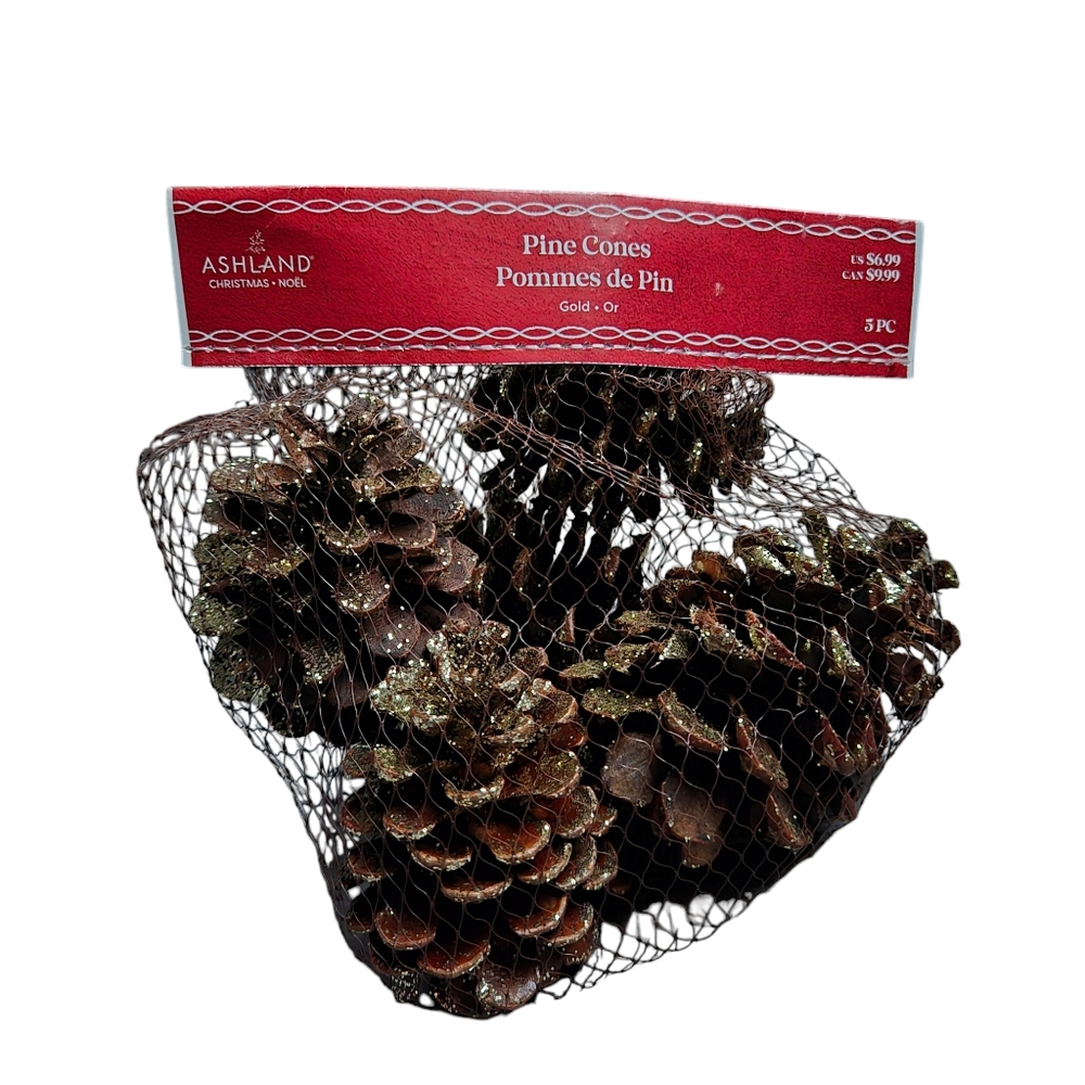5 PC Natural Brown & Gold Glitter 4 inch Large Pinecone Table Bowl Filler Decor
